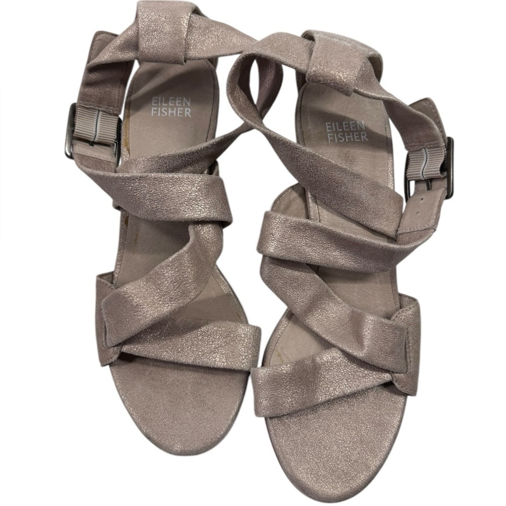 Eileen Fisher gold fabric strappy heel sandals 7